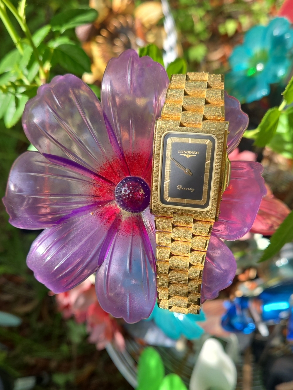 Longines Gold Tone Women's Bracelet Watch with Black Dial